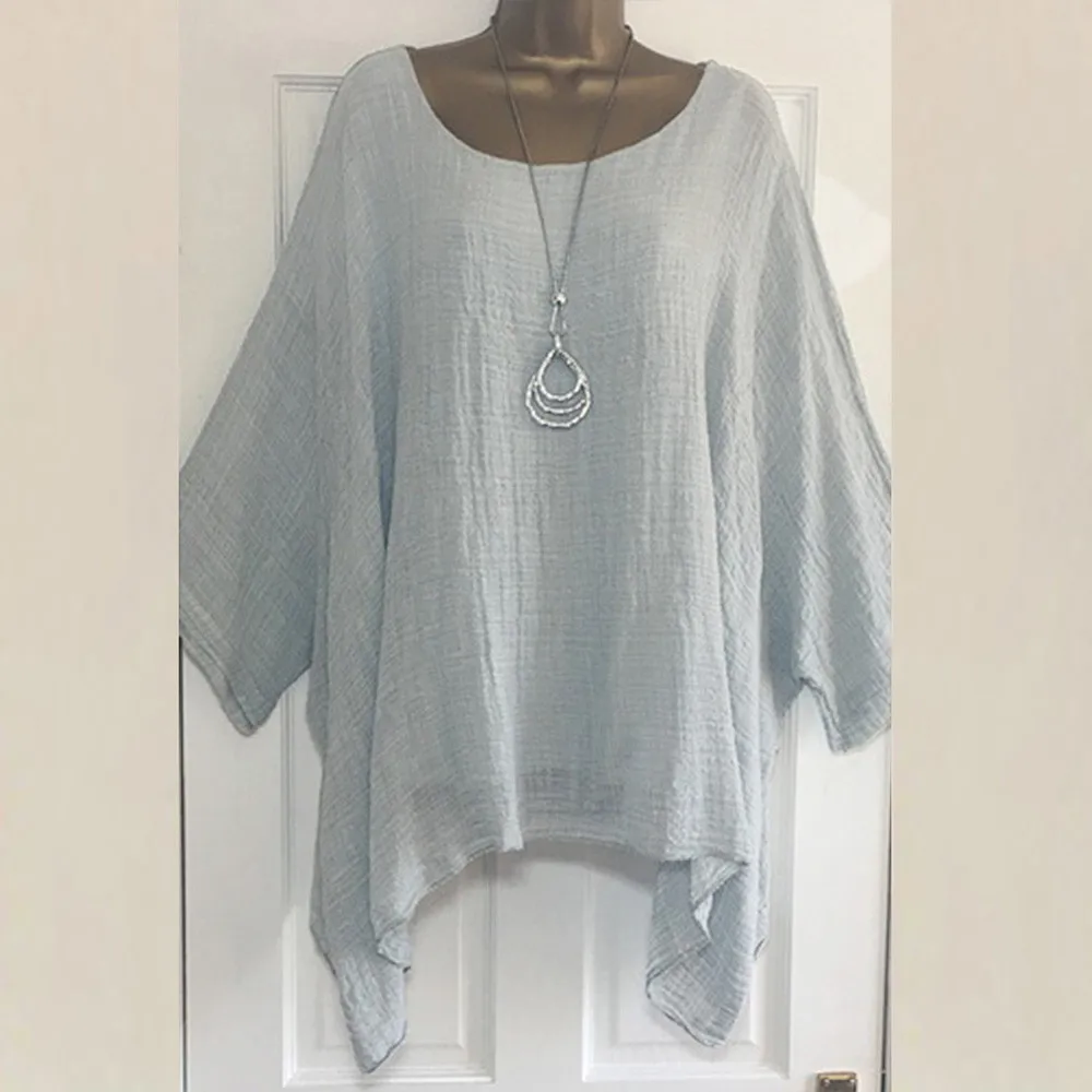 

Plus Size 5xl Casual Shirts Batwing Sleeve Women's Blouses Loose Solid O Neck Nine Quarter Sleeve Tops Women Asymmetric Tunics