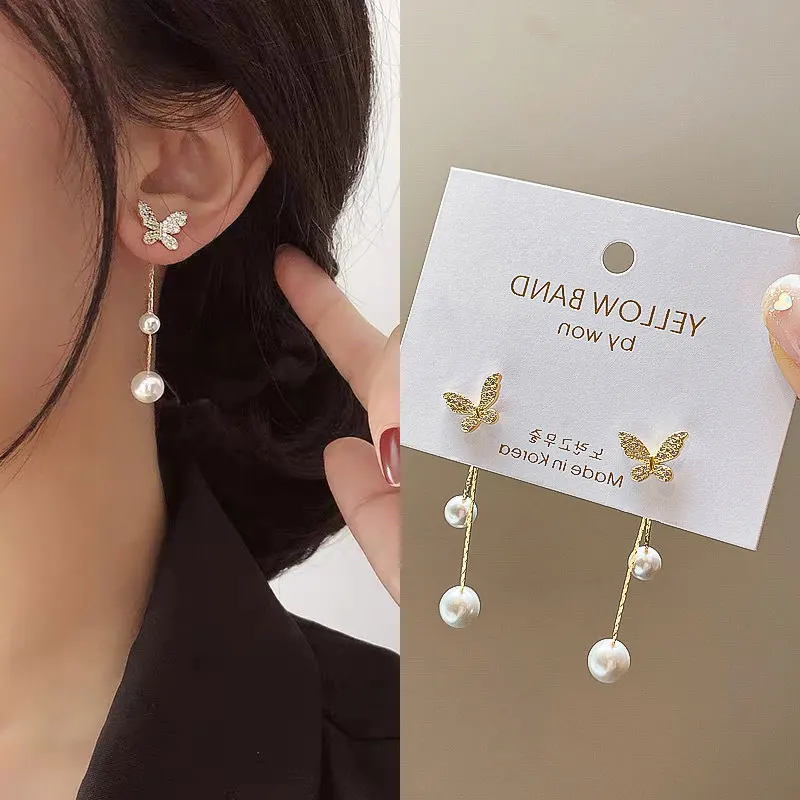 

New Crystal Zircon Butterfly Tassel Earrings for Women Fashion Temperament Long Pearl Drop Earring Wedding Jewelry Gifts