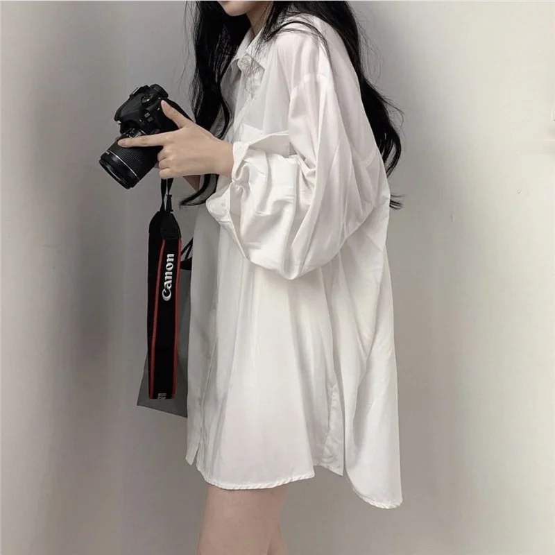 

Spring Summer 2021 Women Shirt Oversize Elegant Blouses For Women Lantern Sleeve White Shirt Mid-length Shir Coat Women Tunic