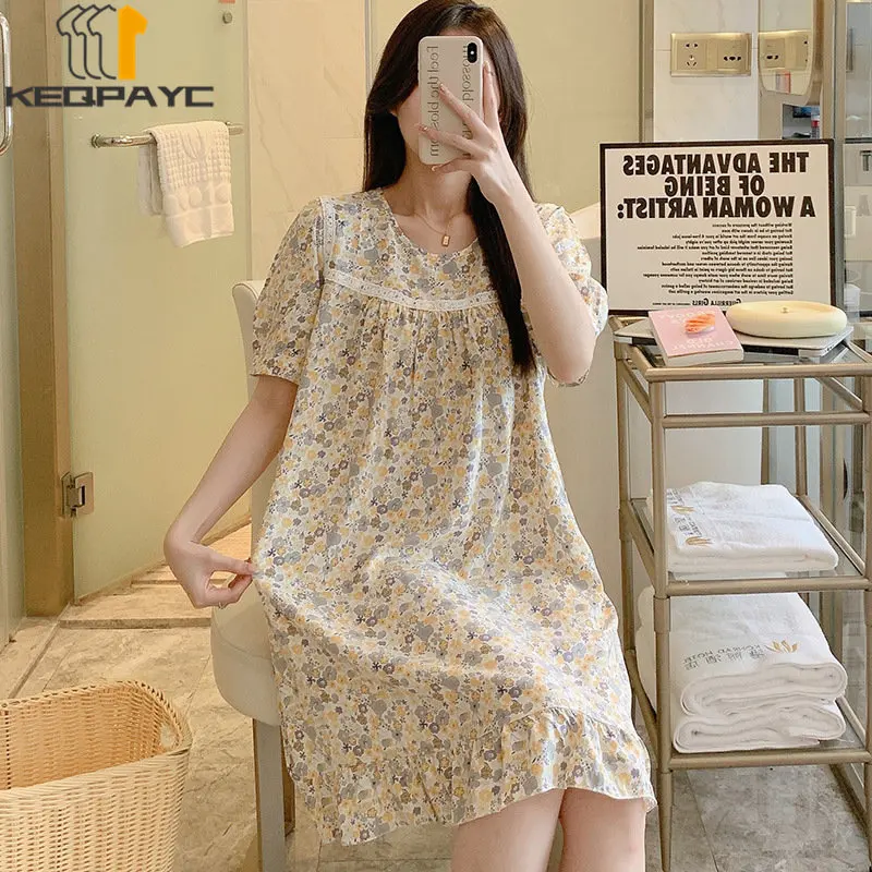 New Women's Sweet Nightgowns Spring Summer Women Fashion Short Sleeve O-neck Floral Thin Loose Dress Sleepwear Casual Pajamas