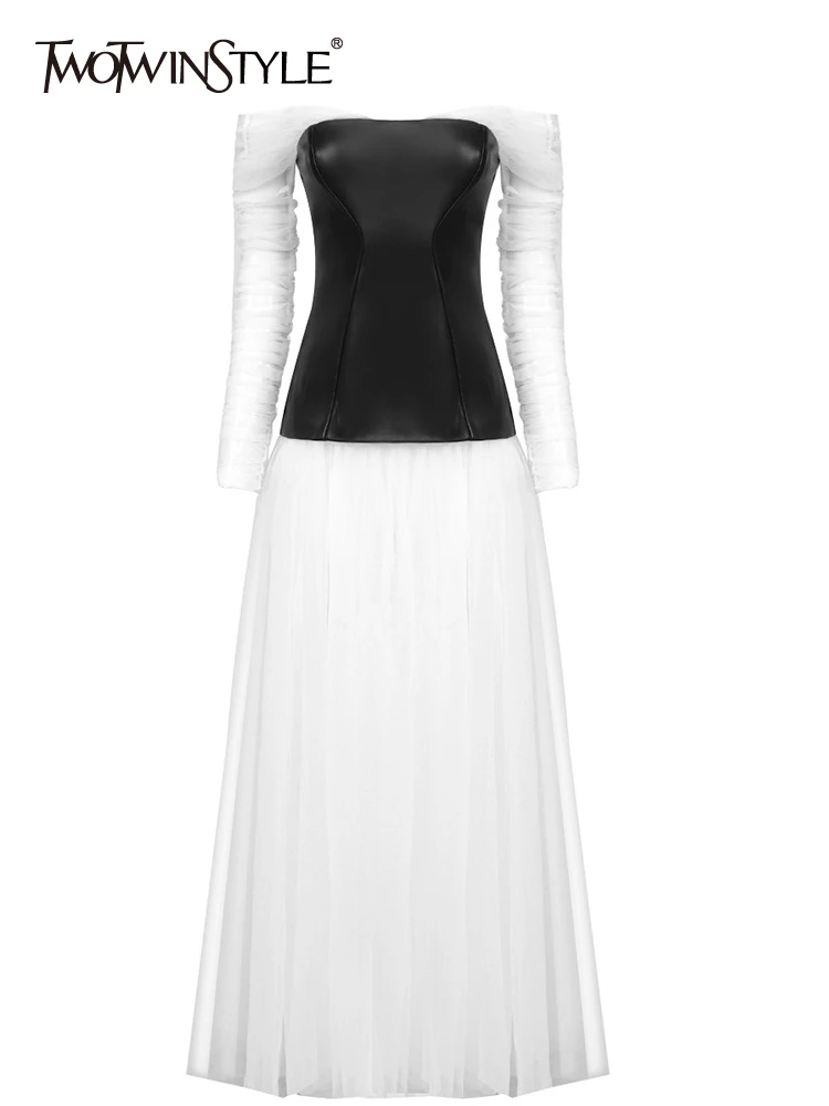 

Женское платье с открытой спиной TWOTWINSTYLE, разноцветное лоскутное утягивающие платья из кожи с длинным рукавом и вырезом лодочкой