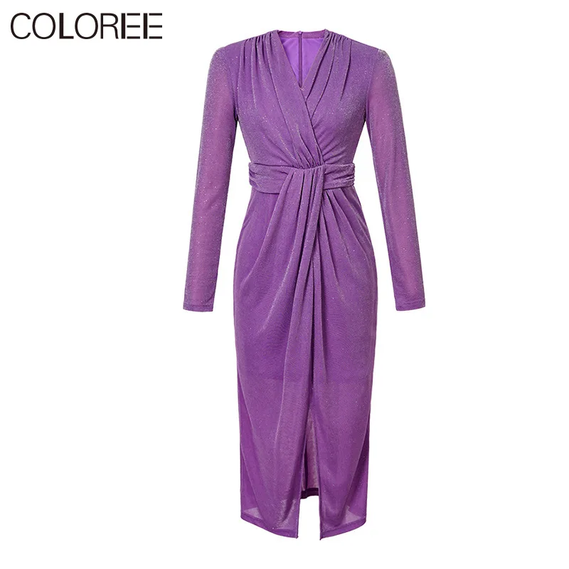 

Женское платье средней длины, осеннее платье с V-образным вырезом и длинным рукавом