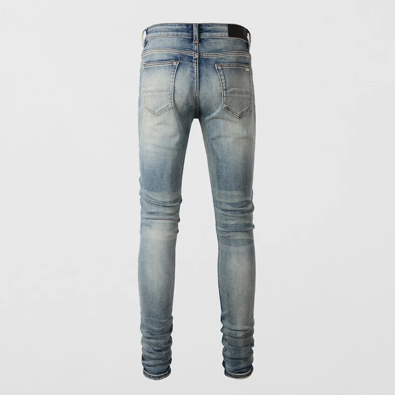 Street Style Fashion Men Jeans Retro Blue Stretch Slim Fit Hole Ripped Jeans Men Patch Designer Brand Hip Hop Denim Pants Hombre