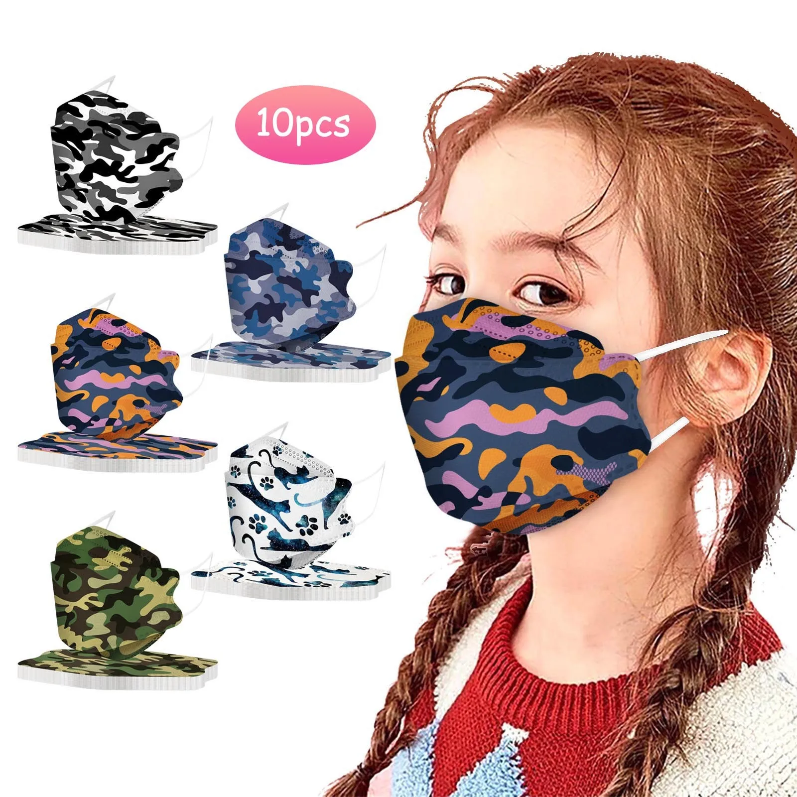 

10PCS Camouflage Children's Mask Outdoor Prevention Fish Girls Boys Face Masks Non Woven 3D Disposable Ultrathin Kids Mascarilla