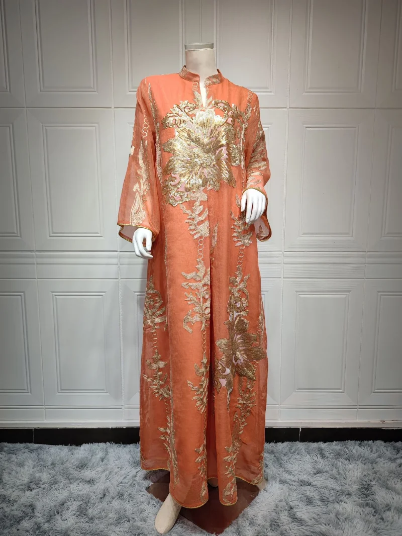 Muslim Fashion 2023 Muslim Women Long Sleeve V-neck Polyester Sequined Long Abaya  Abaya Dubai Abaya Dress Muslim Dresses Women