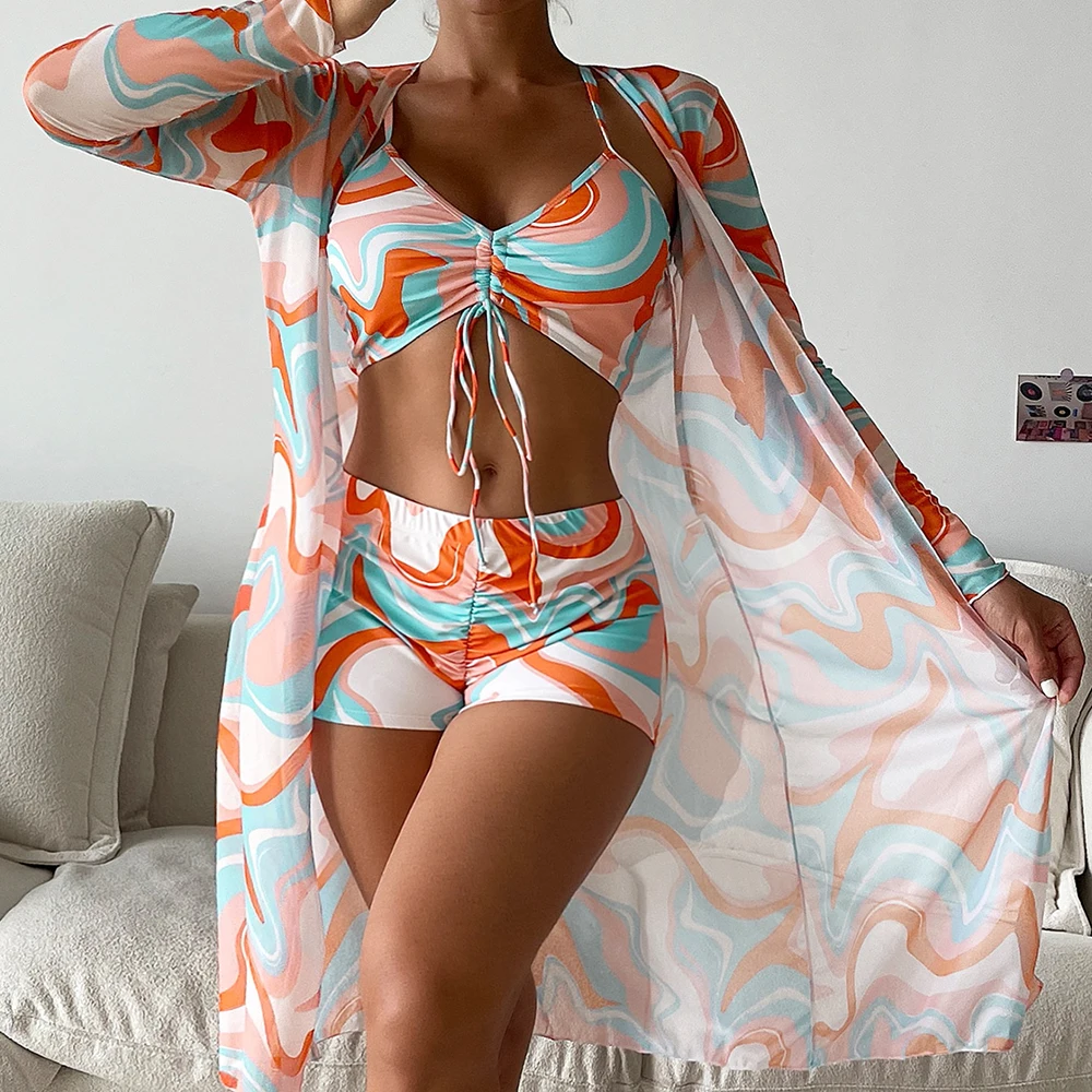 

2023 High Waist Bikinis Sexy 3 Piece Bikini Set Cover Up Swimsuit for Women Long Sleeve Push Up Swimwear Beach Wear Bathing Suit