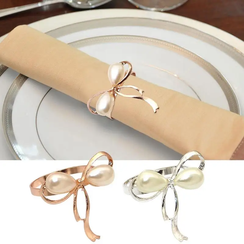 

Pearl Napkin Rings Wedding Holder Beads Napkin Holder Bow Knot Shape Napkin Buckle Dining Table Decoration Napkin Holders
