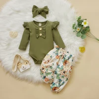 baby girl knit romper set childrens long sleeve bodysuit floral trousers hair tie set 3pcs summer infant clothing outfit