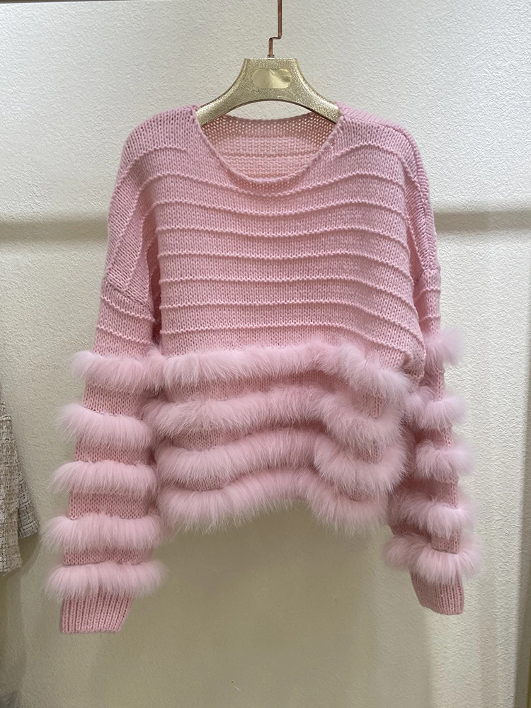 Women Fashion Real Fox Fur Strip Knitted Cardigans Sweater Real Fur Trim Loose Autumn Spring Knitwear