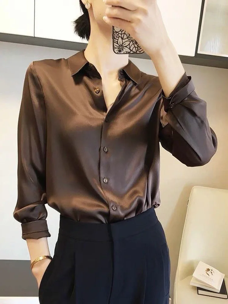 Deeptown Satin Silk Tops Women Blouses Solid Chiffon Blouse Lady  Office Shirt Button Up Long Sleeve T-shirt Women Shirt Clothes