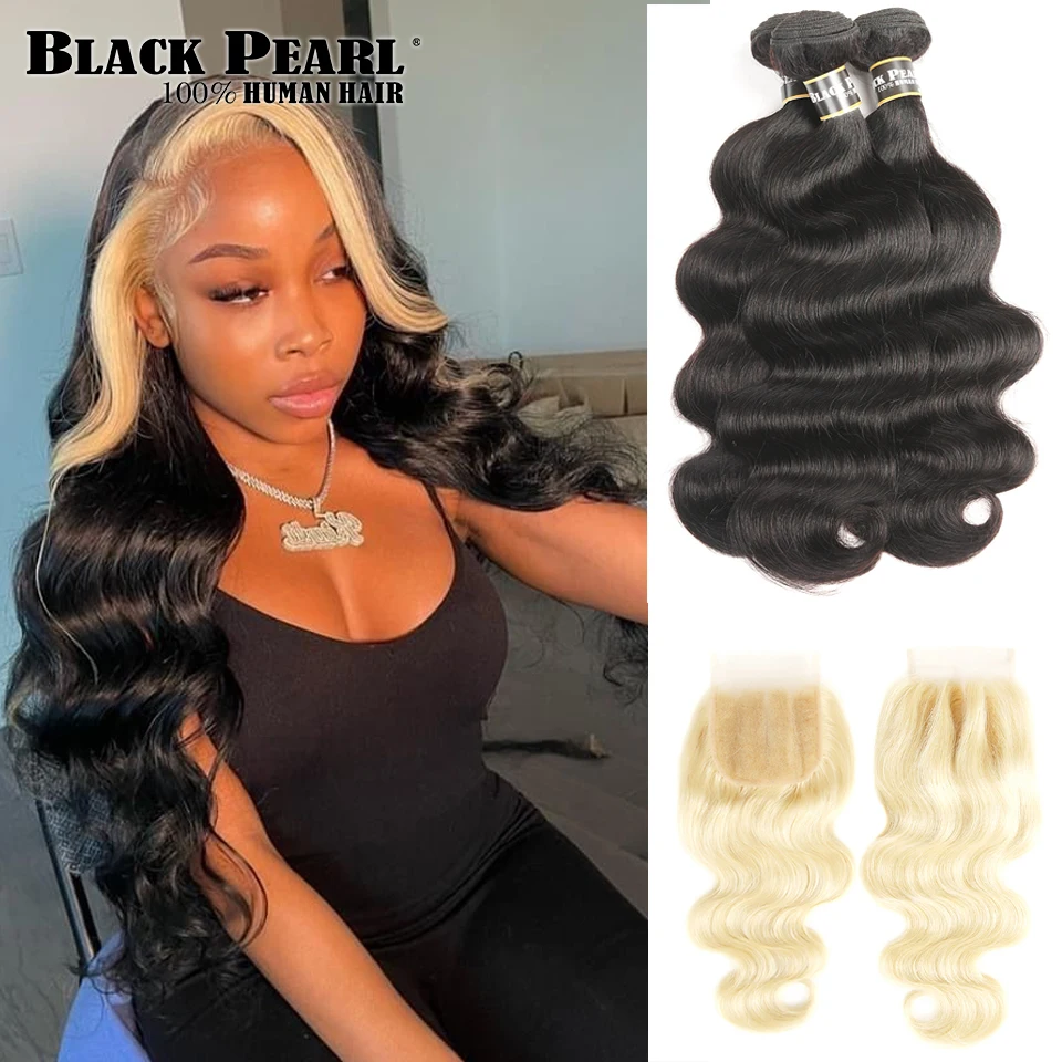 Black Pearl 613 Blonde Bundles With Closure Malaysian Body Wave Remy Human Hair Weave Honey Blonde 613 Bundles With Closure