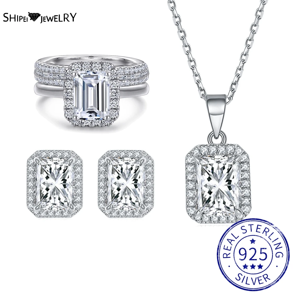 

Shipei 100% 925 Sterling Silver 6*8MM Created Moissanite Gemstone Wedding Party Ring/Earrings/Pendant/Necklace Jewelry Set Gifts