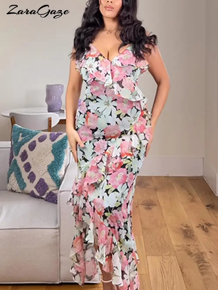 

2023 Floral Print Dress Women Long Slip Dress Bodycon Women Asymmetric Backless Midi Dresses for Woman Summer Evening Dress