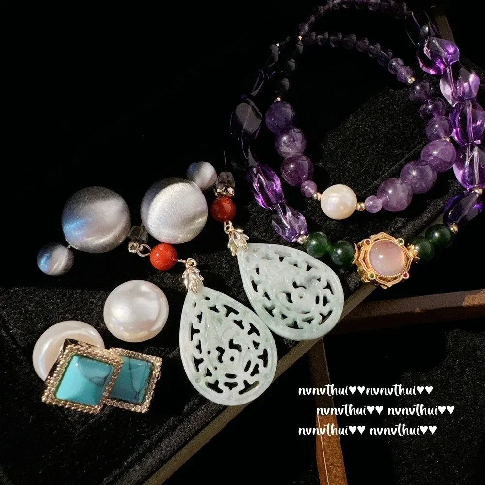 Императорский фиолетовый нефритовый браслет с перлами антикварное покрытие