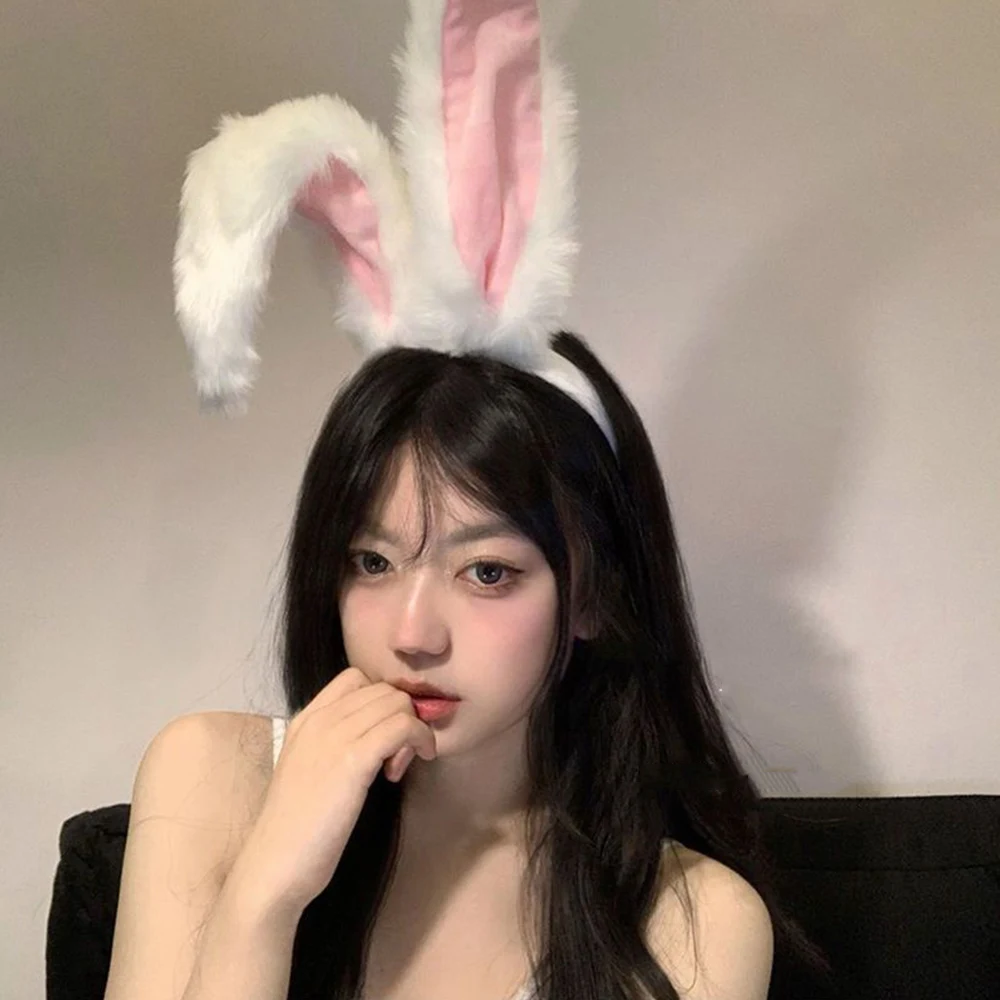 

Female cute Girls Lolita Cosplay Headband Fluffy Plush Sweet Long Rabbit Bunny Ears Bandana Hair Hoop Cartoon Anime Headpiece