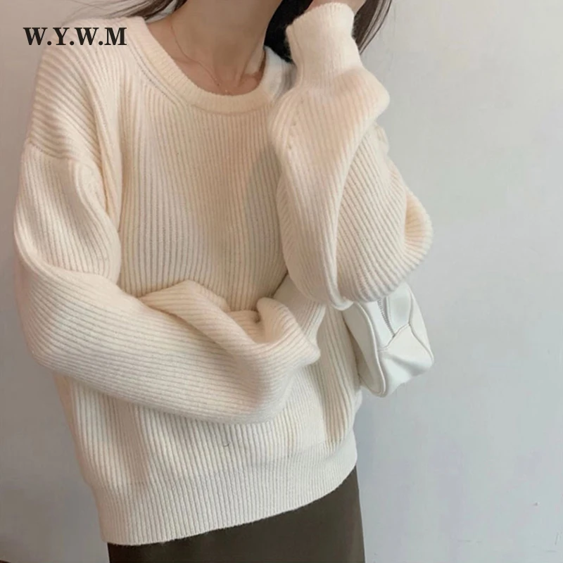 

WYWM Loose Knitted Sweater Women Autumn Winter Vintage Warm Oversized Pullovers Ladies Casual Knitwear Solid Female Jumpers