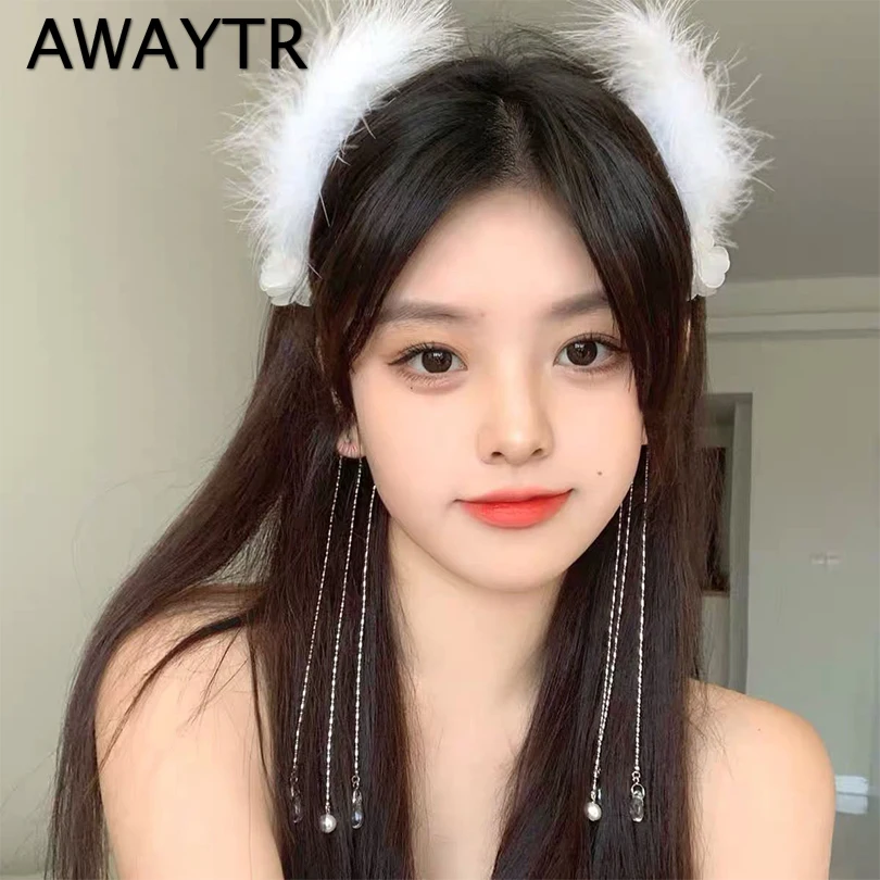 

AWAYTR White Feather Tassel Headbands Women Luxury Temperament Hair Band Hair Accessories Bride Wedding Hairband