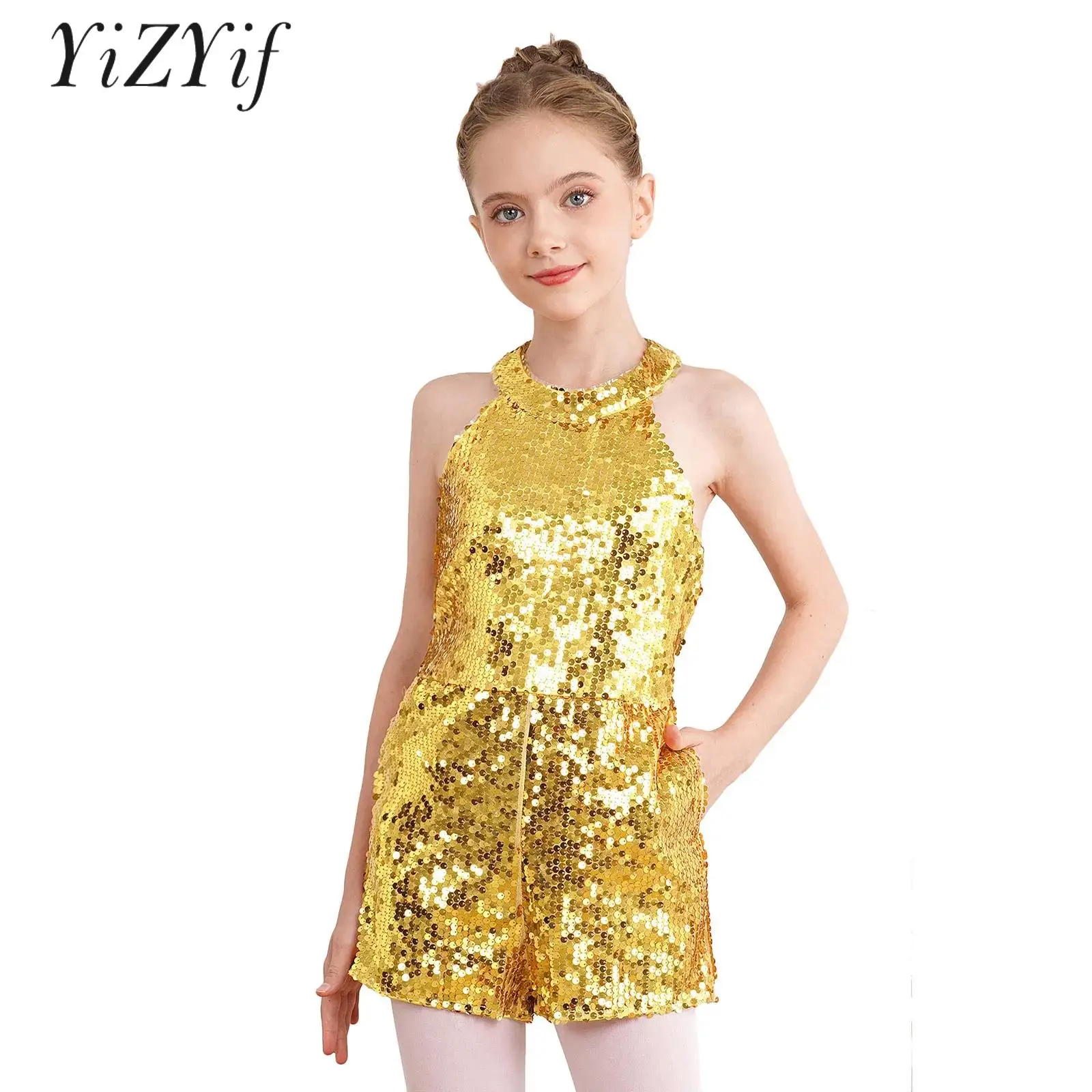 Детский танцевальный трико с блестками для девочек блестящий комбинезон