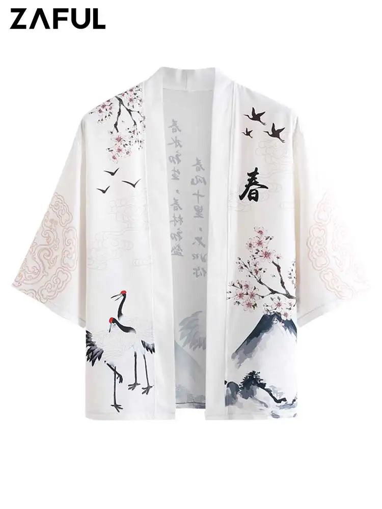 

ZAFUL Open Front Kimono Shirts for Men Chinese Characters Crane Floral Pattern Cardigan Shirt Collarless Thin Tops Z5085623