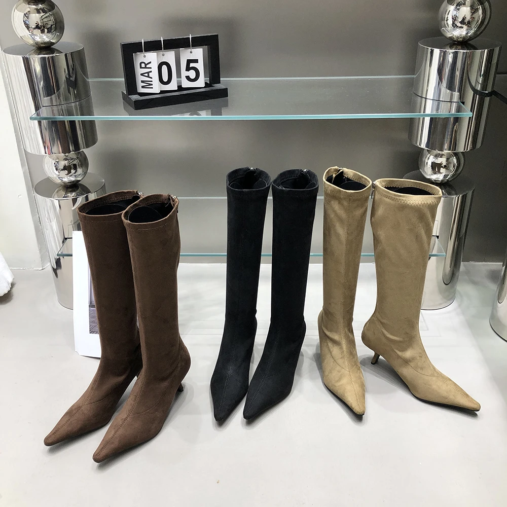 

Pointed Toe Women Knee High Boots 2022 New Arrivals Fashion Flock Thin High Heels Knight Botas Sock Booties Back Zipper Pumps