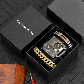Personalized Leisure Large Dial Men's Watch Set Dual Time Zone Luxury Bracelet Business Quartz Wristwatch Gift Box for Boyfriend-36829