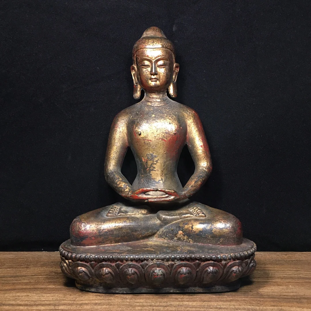 

11"Tibet Temple Collection Old Bronze Cinnabar Mud gold Amitabha Shakyamuni Sitting Buddha Lotus Buddha Platform Worship Hall