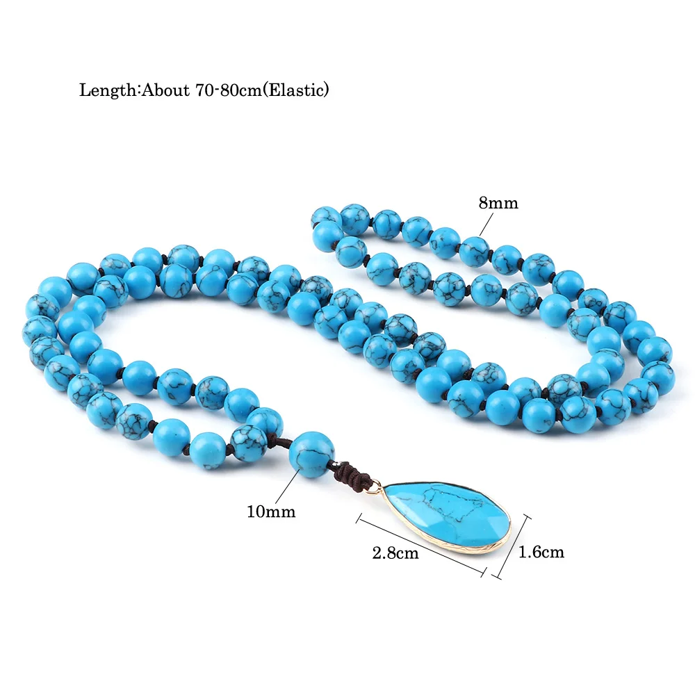 8mm Natural Blue Howlite Stone Beaded Necklaces For Women Bohomia Pendant Japamala Necklaces Female Fashion Jewelry Girls Gifts