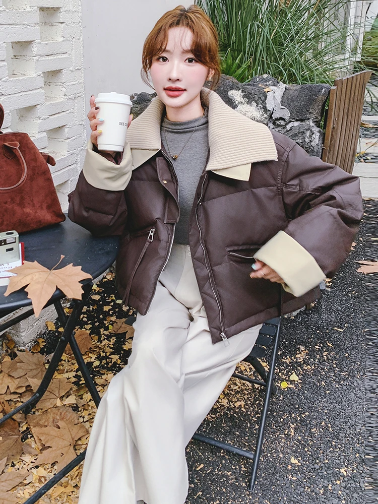 Супер красивый пуховик из искусственной кожи женский зимний 2024 новый корейский