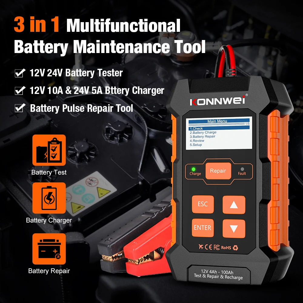 

KONNWEI KW520 24V 5A Automatic Car 3 in 1 Battery Tester Record Automatic Car Truck Charger Lead Acid Car Pulse Repair Tool