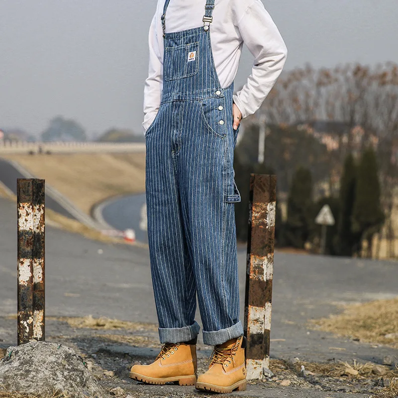 Blue Jeans Stripe Men Punk Overalls Jean Male Straight Long Denim Rompers Pocket Loose Fit Jeans Suspender Trousers Man