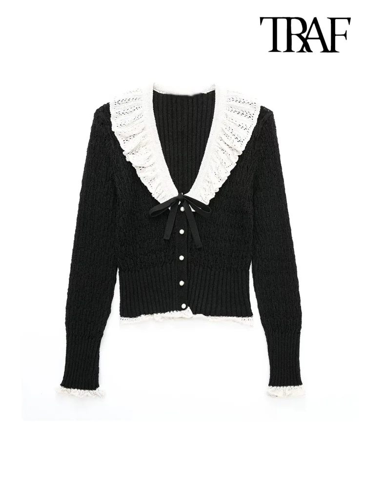 

TRAF Women Fashion Front Bow Tie Semi-sheer Knit Cardigan Sweater Vintage V Neck Long Sleeve Female Outerwear Chic Tops