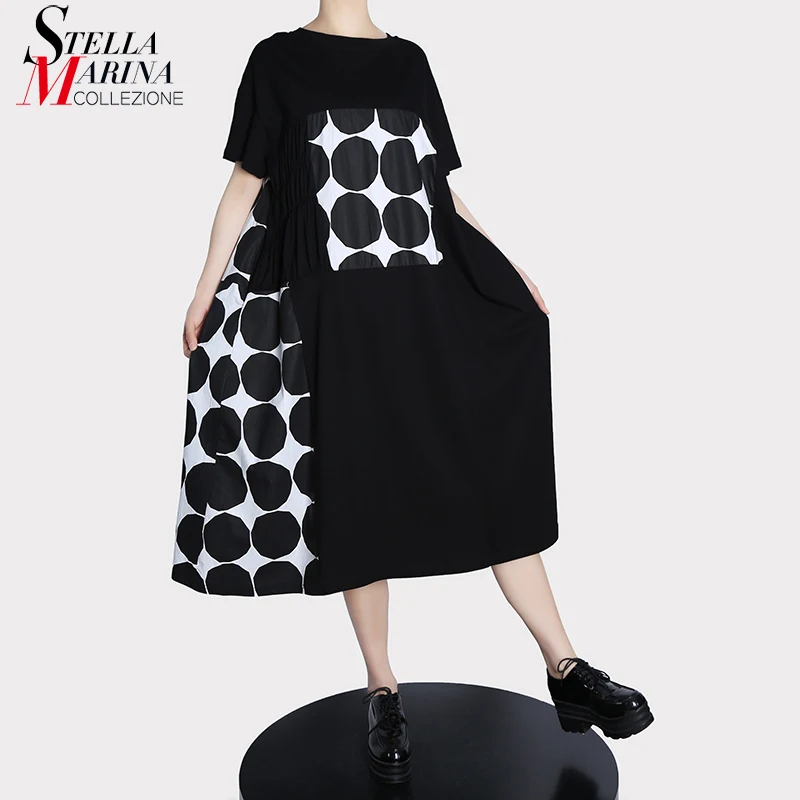 

New Large Size Loose Fit Short-Sleeved Woman 2022 Summer Casual Wear Dress Dots Printed Girls Unique Style Holiday Dress MJQ7340