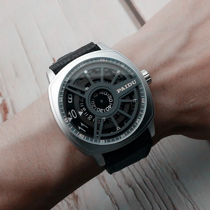 

2022 Paidu Men Watch Fashion Hollow Watch Men Sports Watches Creative Unique No Pointer Rotating Large Dial Qaurtz Wristwatches
