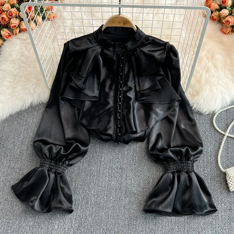 

Acetate Satin Shirt Blusas Para Mujer Trumpet Sleeve Stand Collar Fall 2023 Fashion Women Clothing Court Style Retro Temperament