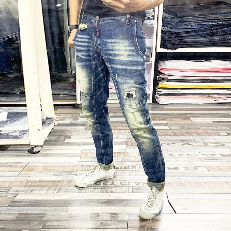 Street Fashion Vintage Men Jeans Retro Blue Stretch Slim Fit Spliced Designer Patch Ripped Jeans Men Hip Hop Biker Pants Hombre