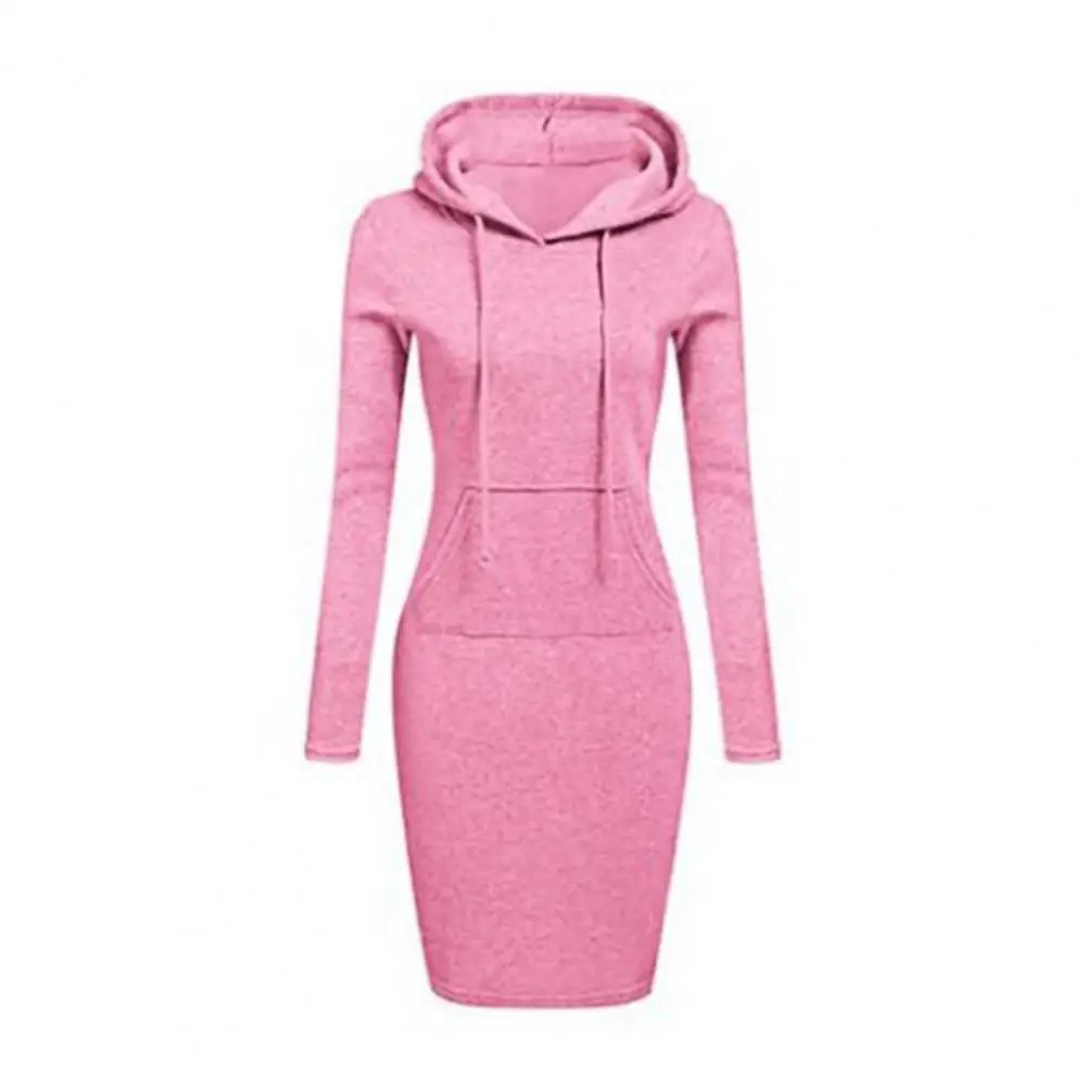 

Drawstring Long Sleeve Front Pocket Waist Tight Sweatshirt Dress Women Winter Striped Print Slim Hooded Dress Streetwear