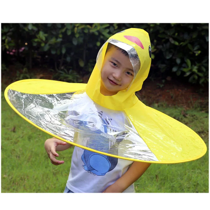 Creative Kids Rain Cover Cute Cartoon Duck UFO Children's Raincoat Boys And Girls Umbrella Hat Windproof Poncho Rain Gear Hot images - 6