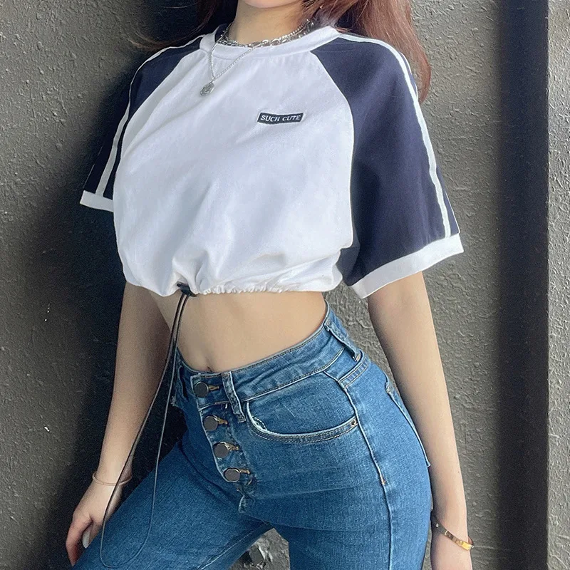 

Women Y2k Fall Summer Patchwork T Shirt Short Sleeve Drawstring Streetwear Indie Side Striped Hem E Girl Casual Woman T-Shirts