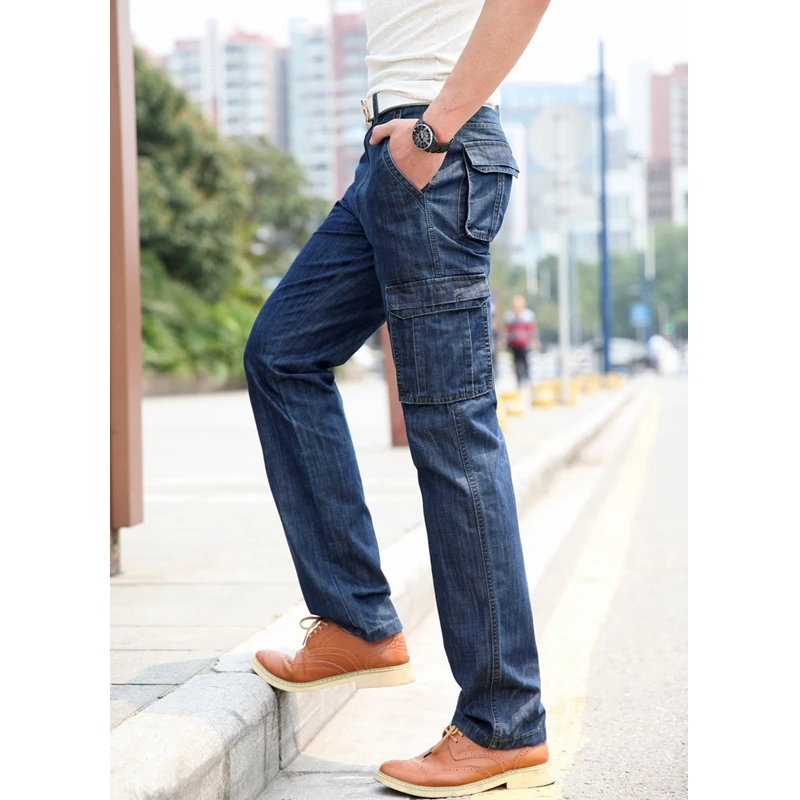 

Men Jeans Spring Summer Pocket Stitching Denim Straight Pants Trousers Streetwear Smart Casual Jeans Men Vintage Mid-Waist Jeans