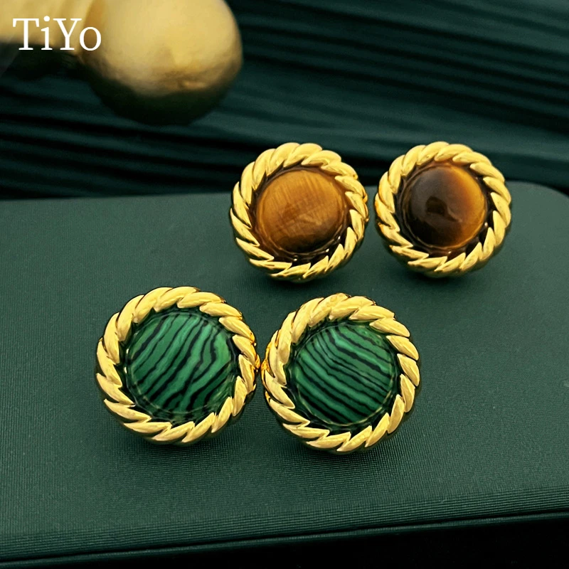 

Retro Jewelry 925 Silver Needle Green Brown Stone Earrings Vintage High Quality Copper Gold Color Stud Earrings For Women
