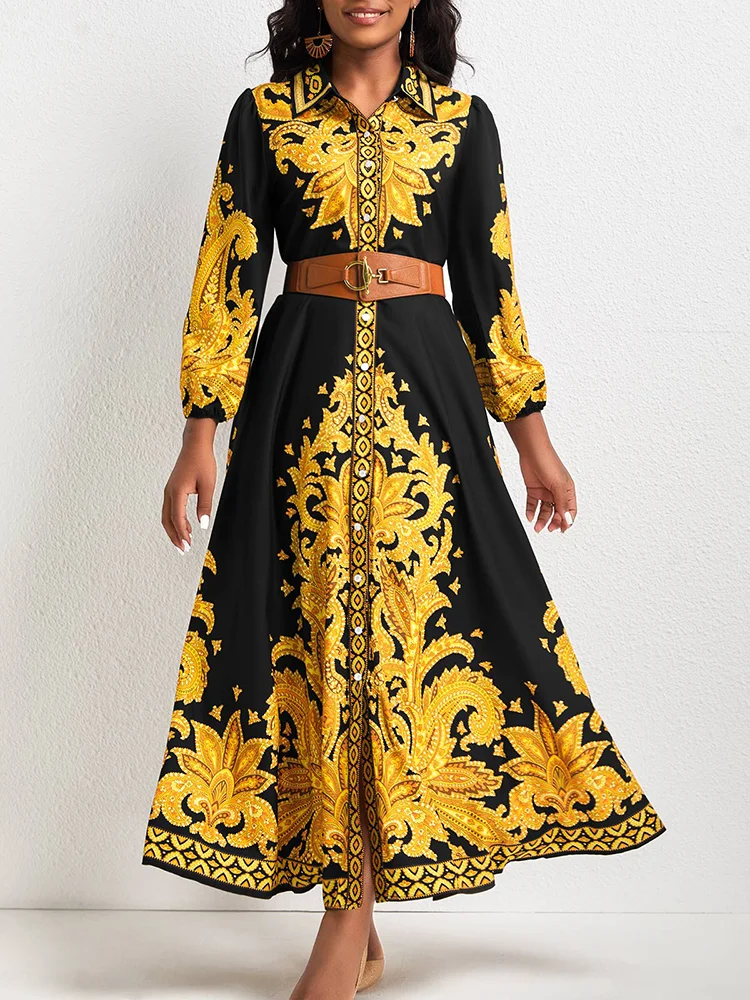 

Dresses Baroque Printed Turndown Collar Long Sleeved Single Breasted Dress Without Belt Vestidos Mujer Casual Maxi Robe Female