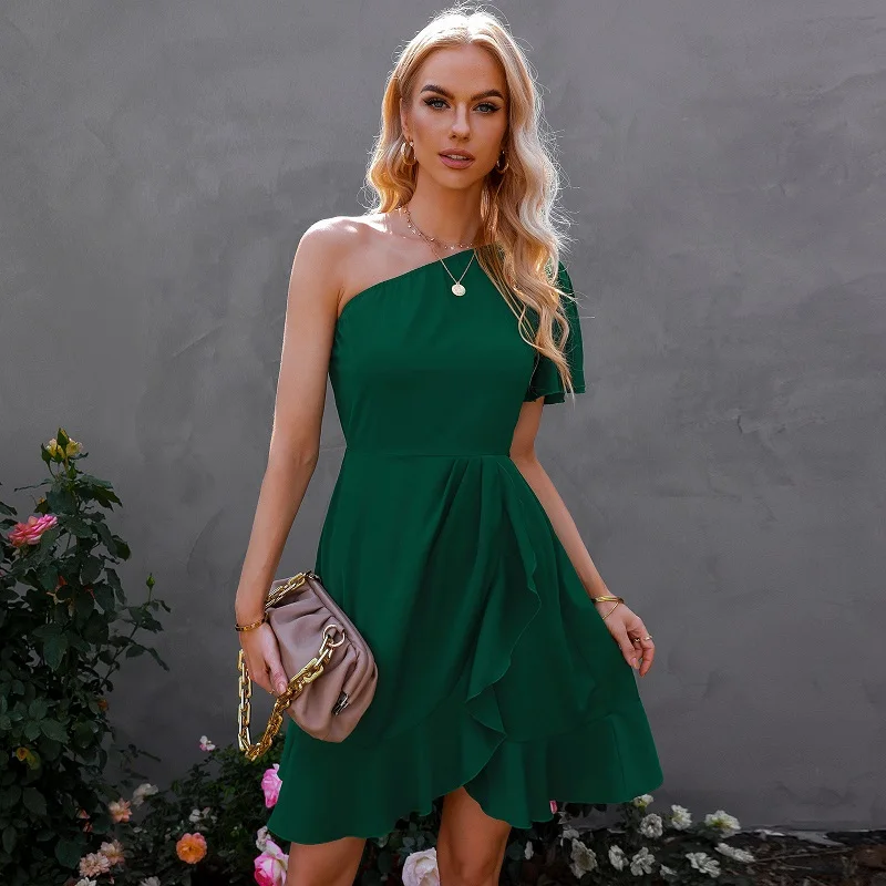 

2022 Summer Ruffle Dress New Shrinkage Irregular Dresses Women One Shoulder Short Party Dress A Line Mini Dress Vestido De Mujer