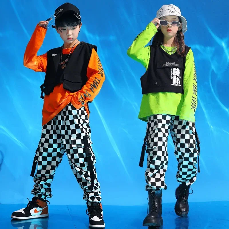 

Kid Kpop Hip Hop Clothing Long Sleeve T Shirt Tee Top Checkered Streetwear Tactical Cargo Pants for Girl Boy Jazz Dance Costume