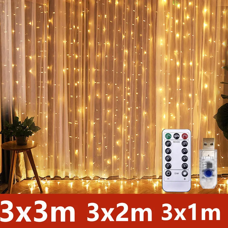 

Curtain LED String Lights Christmas Decoration 3x3m Remote Control Holiday Wedding Fairy Garland Lights for Bedroom Outdoor Home