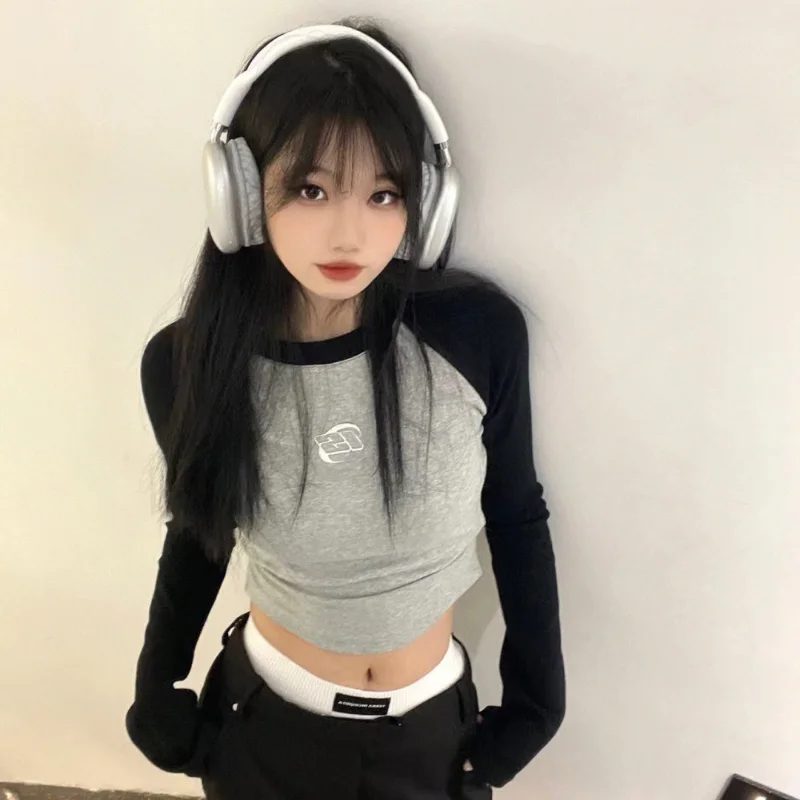 

HOUZHOU Y2k Vintage Crop Top Long Sleeve T Shirts Women Korean Fashion Harajuku Kpop Aesthetic Graphic Tees Patchwork Autumn