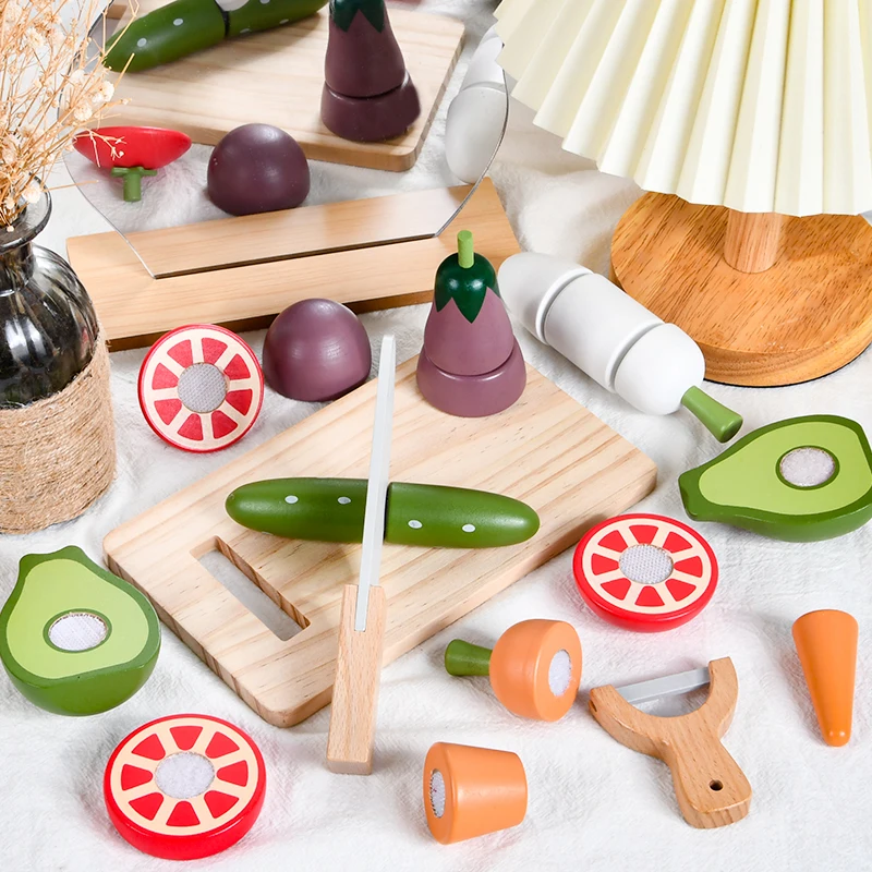 

Pretend Play The Game of Cutting Vegetables and Fruits Velcro Daycare Children's Simulation Kitchen Toys Baby Wooden Blocks Gift