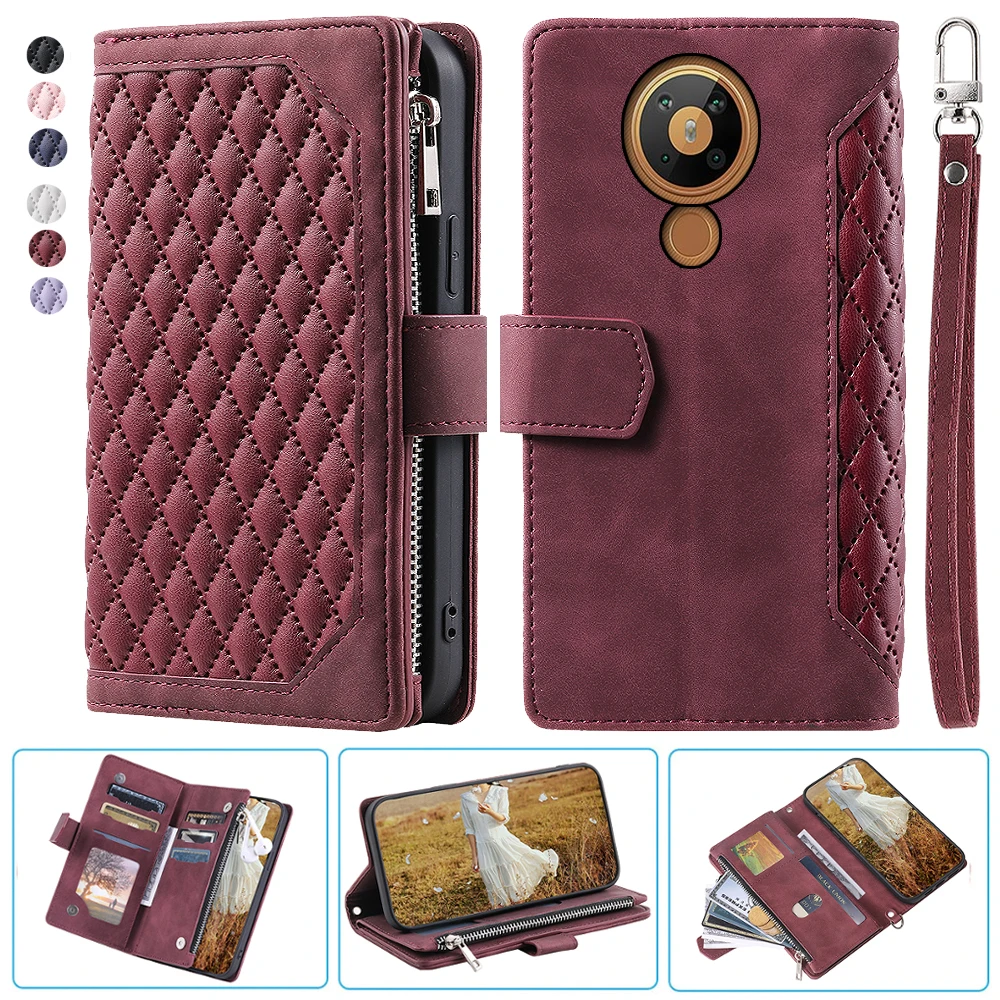 

For Nokia 5.3 Fashion Small Fragrance Zipper Wallet Leather Case Flip Cover Multi Card Slots Cover Folio with Wrist Strap