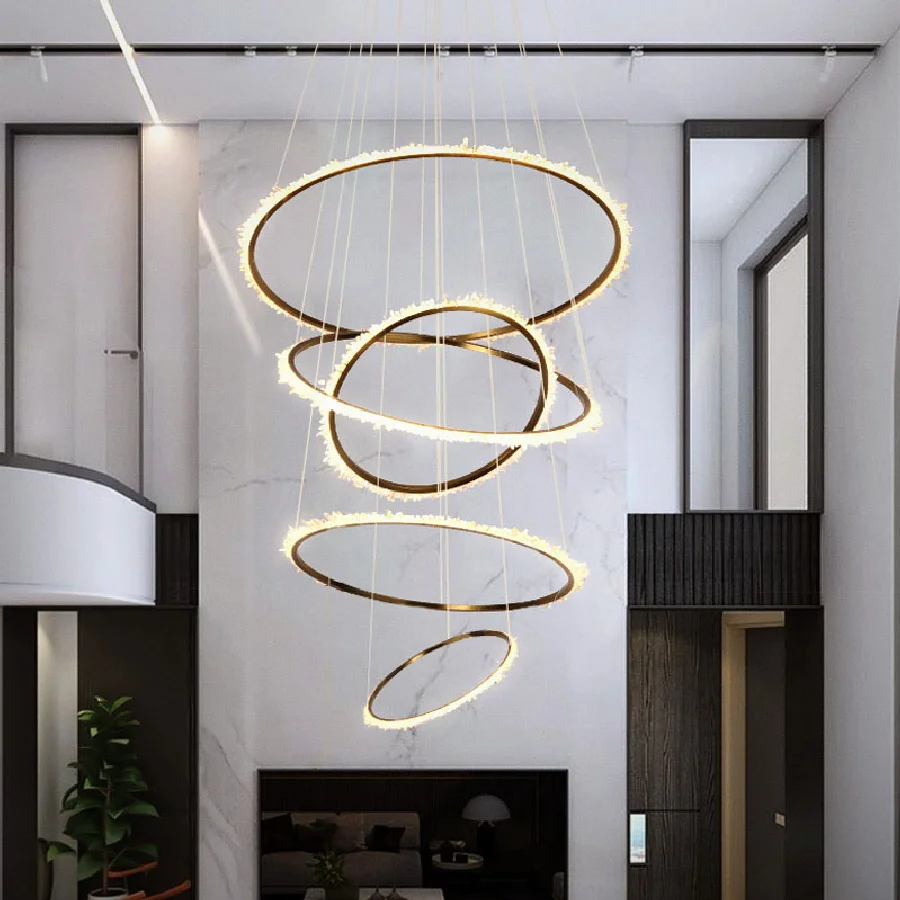 

Modern Crystal LED Chandelier For Duplex Building Luxury Natural Cristal Large Light Fixtures Ring Creative Indoor Hanging Lamps