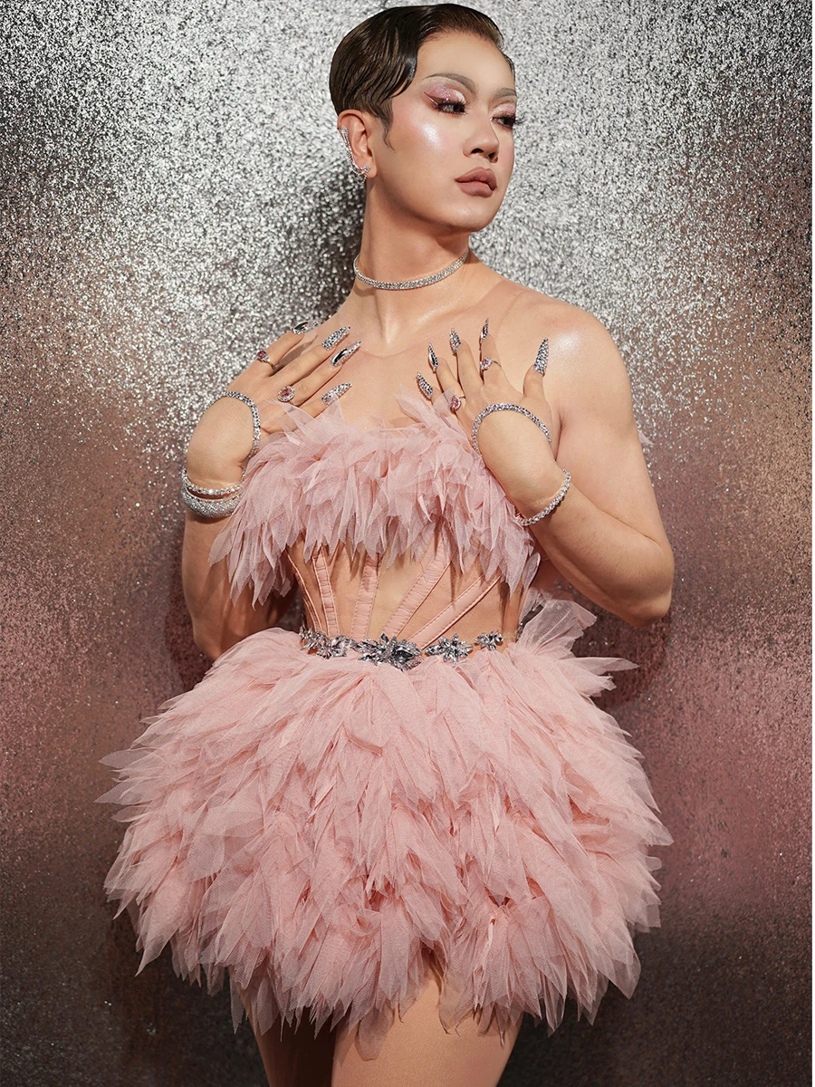 

Prom Party Celebriate Birthday Dress for Women Show Performance Stage Wear Dance Costume Pink Mesh Rhinestones Ball Gown Dress