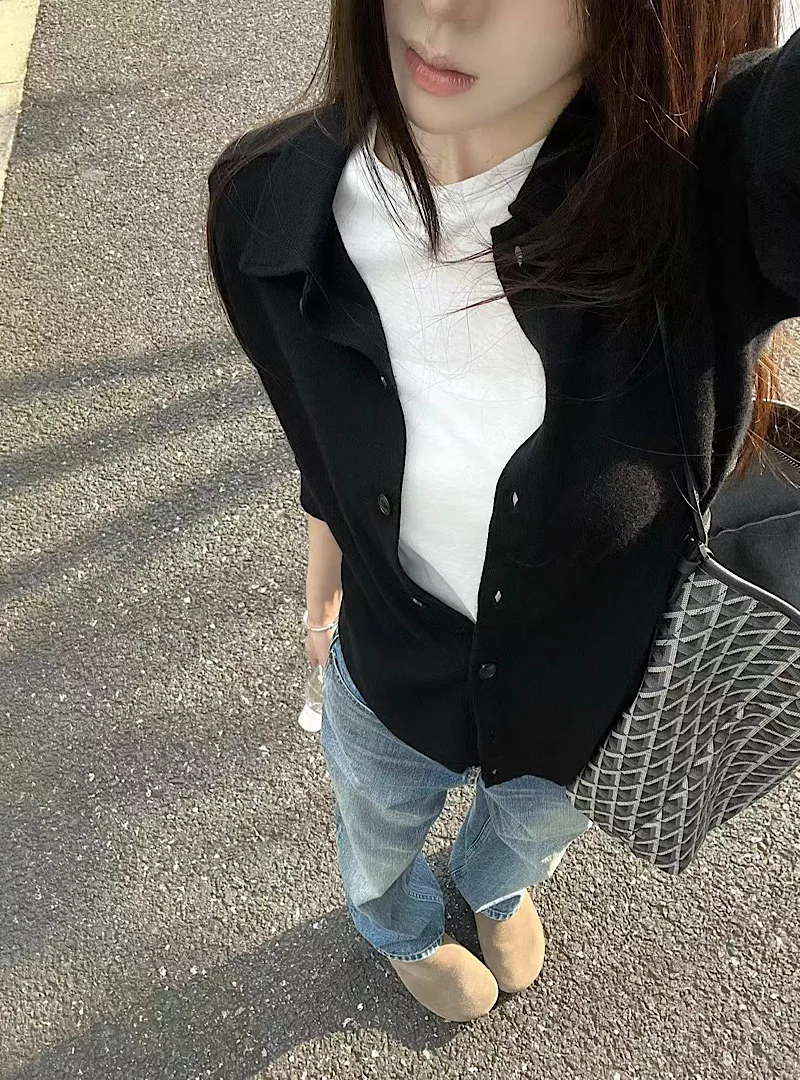 Темпераментный черный вязаный кардиган с лацканами в стиле ретро женский